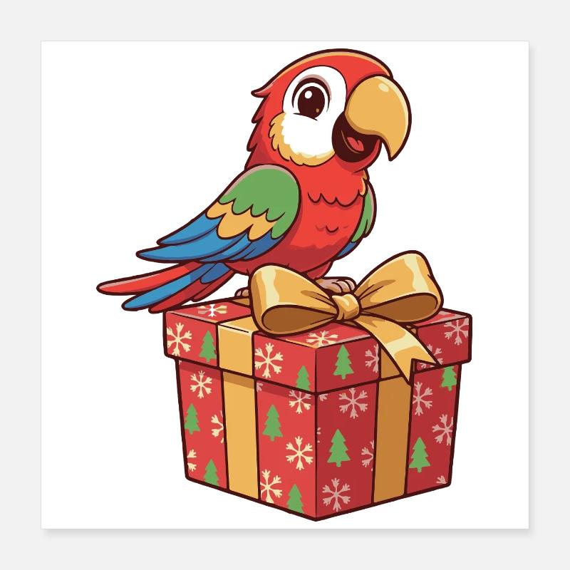 Christmas parrot on gift box Poster 16" x 16" (40x40 cm)
