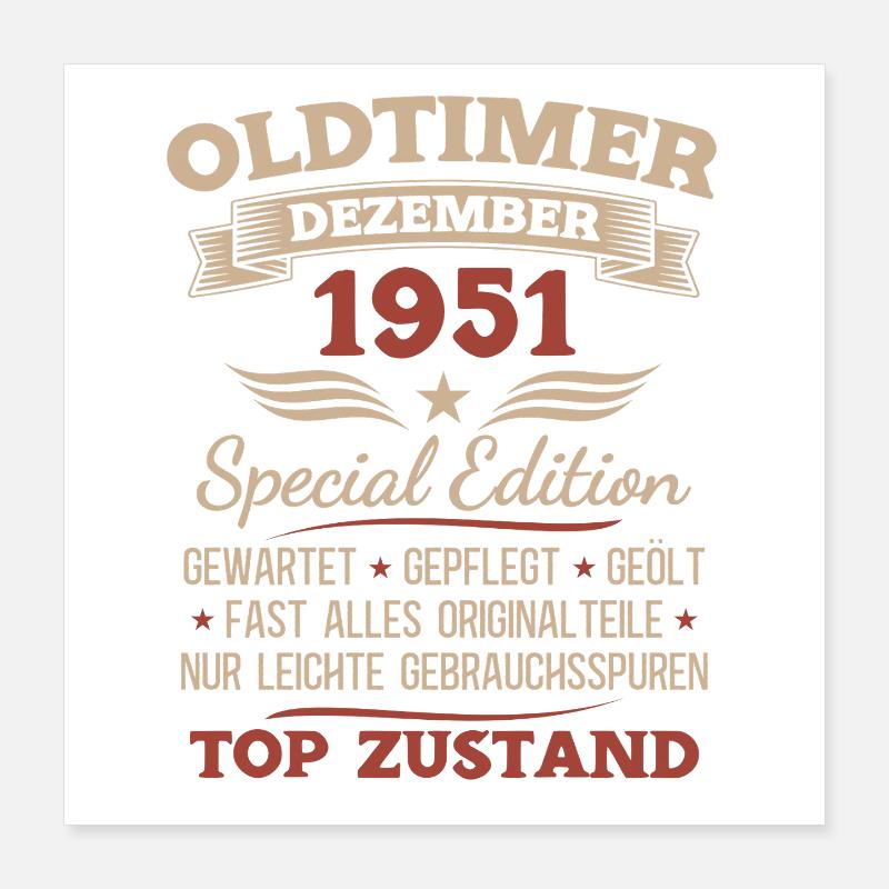74. Geburtstag Geschenk Oldtimer Dezember 1951 Poster 40x40 cm