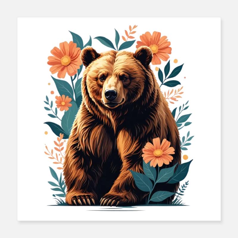 Ours brun dans un cadre de fleurs Poster 40 x 40 cm