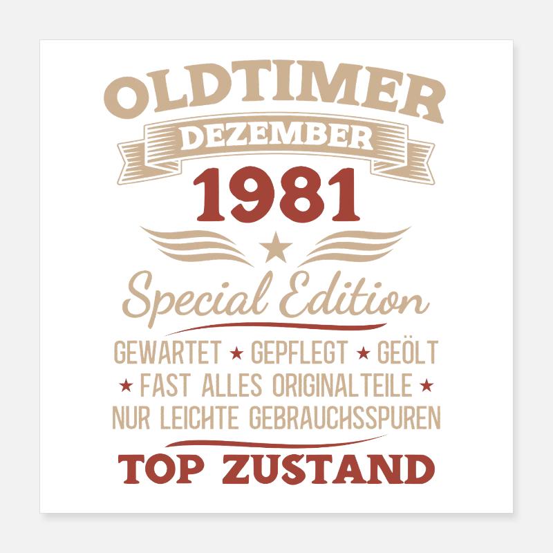 44. Geburtstag Geschenk Oldtimer Dezember 1981 Poster 40x40 cm