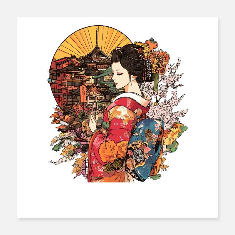 Geishas en kimono devant un décor japonais Poster 40 x 40 cm