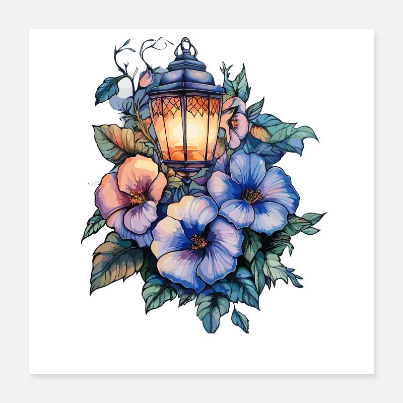 Lumière de lanterne et bouquet de fleurs Poster 40 x 40 cm