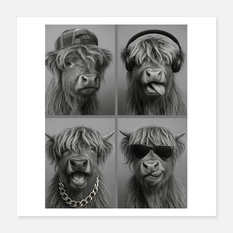 Beef Highland Cow Four Faces Collage Poster 16" x 16" (40x40 cm)