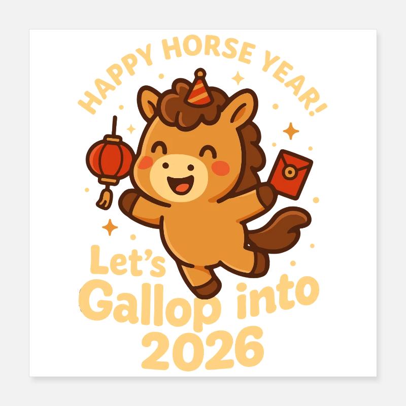 Frohes Pferdejahr 2026, Kawaii, Poster 40x40 cm