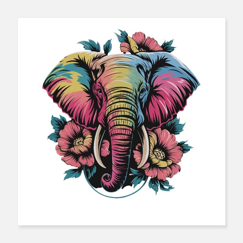  Bunter Elefant mit Blumen Boho Tierliebe Ethno Poster 40x40 cm