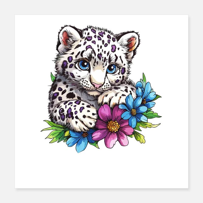 Chaton léopard avec des fleurs Poster 40 x 40 cm