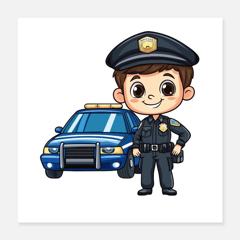 Un policier devant une voiture bleue Poster 40 x 40 cm