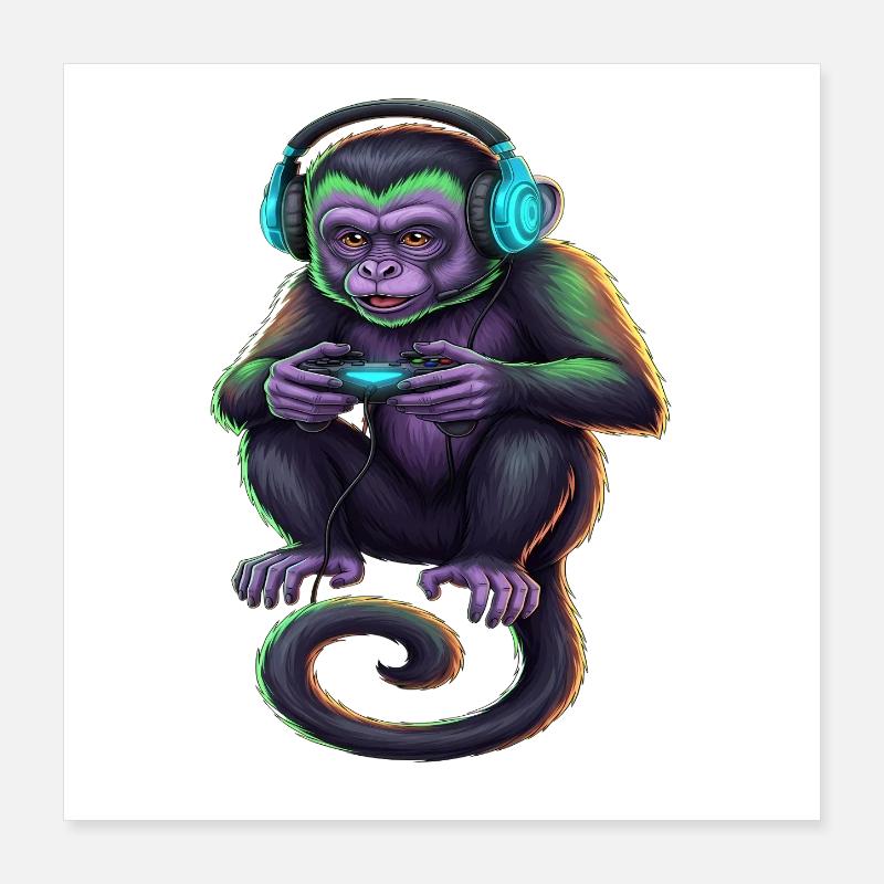 Monkey Gaming Jeux vidéo d’animaux Drôle de Monkey Poster 40 x 40 cm