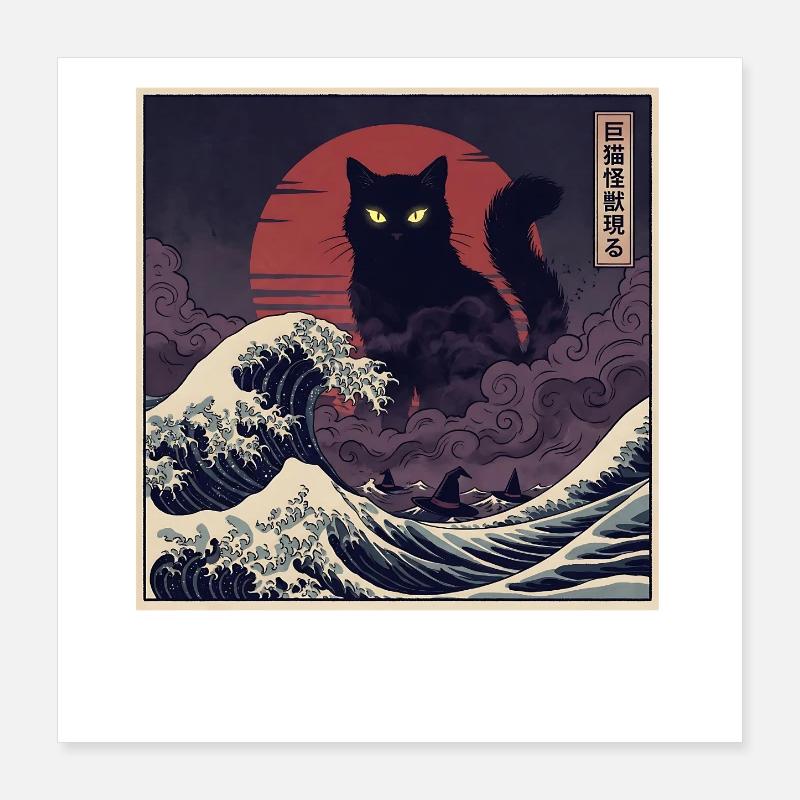 Giant Kaiju Cat Over Waves 巨猫怪獣現る Poster 16" x 16" (40x40 cm)