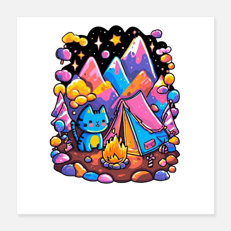 Leuchtende Berge Katze Campingzauber Poster 40x40 cm