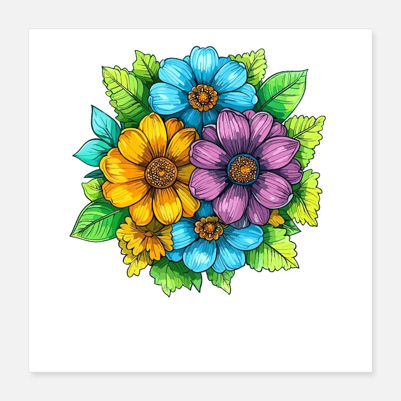 Lebendige Farbblumen Bouquet Poster 40x40 cm