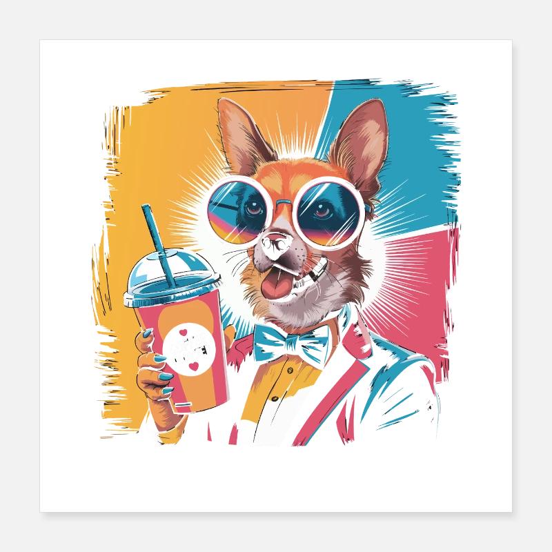 Corgi au look rétro avec boisson et style Poster 40 x 40 cm
