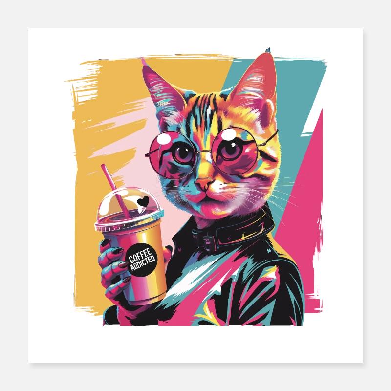 Popart Katze mit Lederjacke und Kaffee Poster 40x40 cm