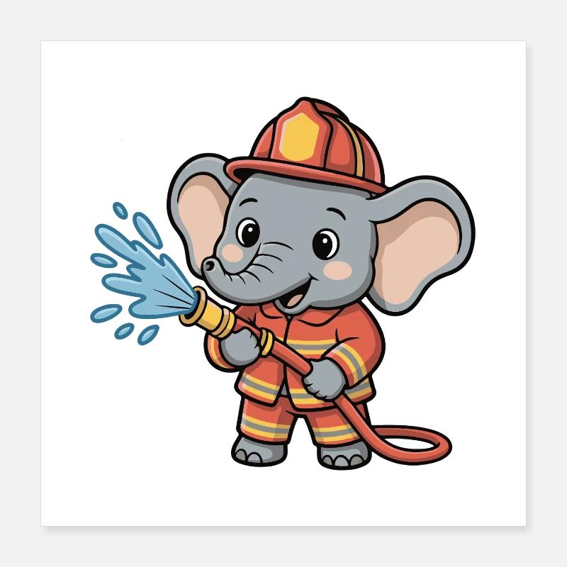 Héros pompier éléphant avec un tuyau d’exécution Poster 40 x 40 cm