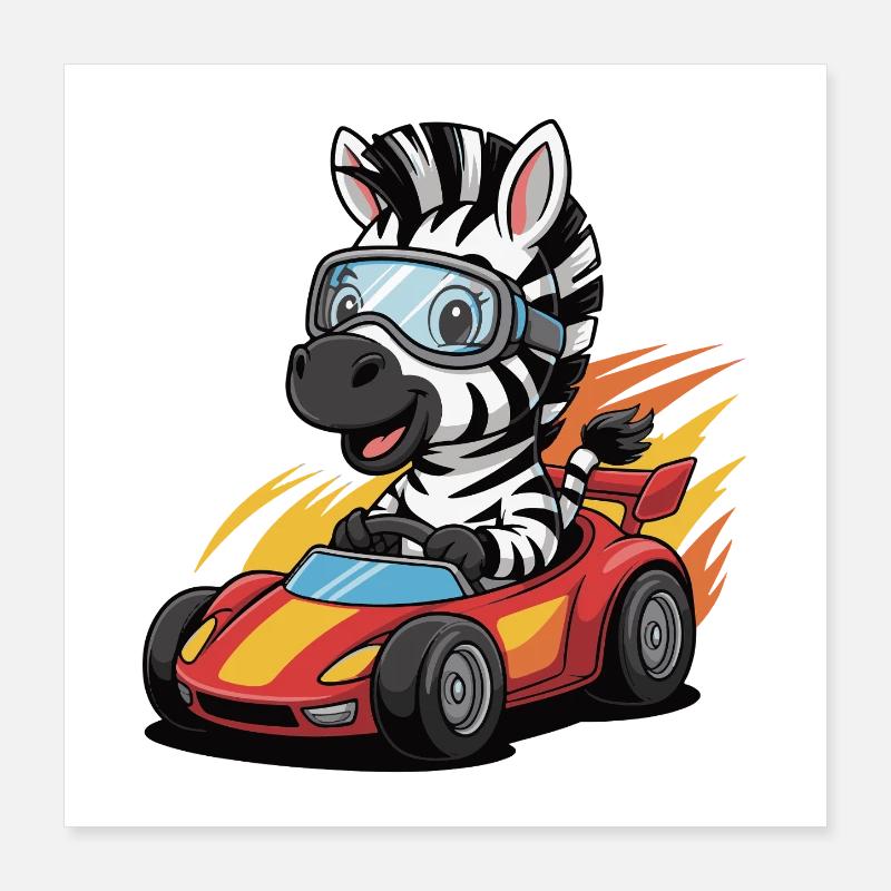 Zebra Rennkart mit Schutzbrille Poster 40x40 cm