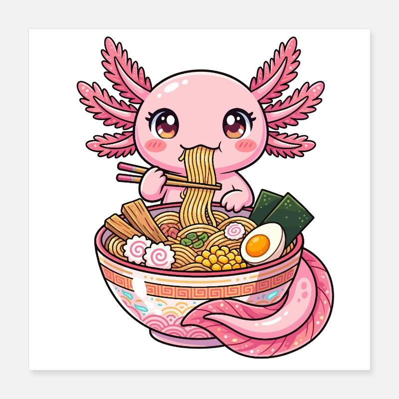 Axolotl rose de ramen de Kawaii Poster 40 x 40 cm