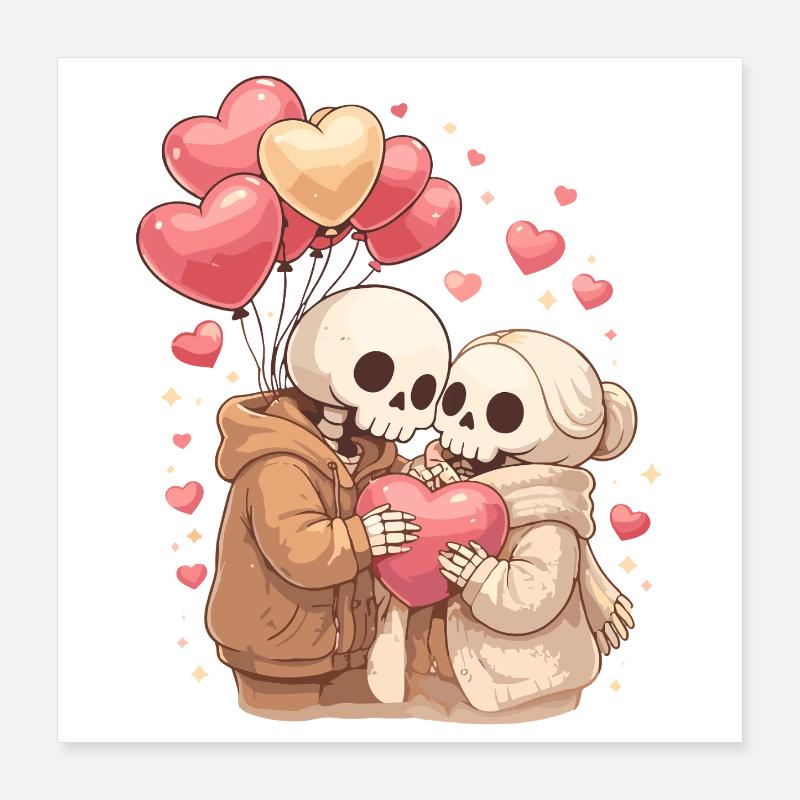 Cozy Skelett Paar mit Herzballons – Liebe Poster 40x40 cm