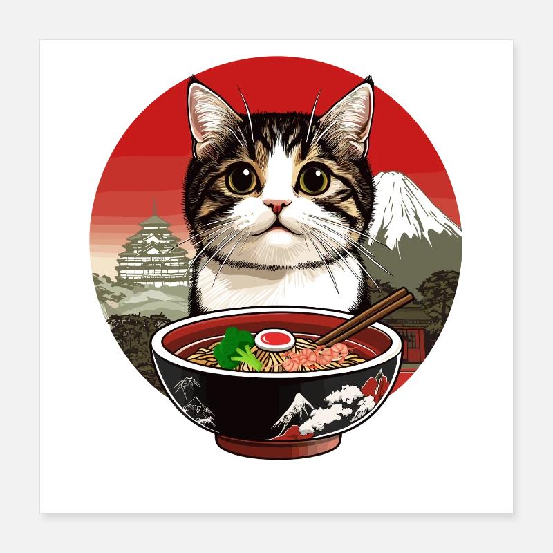 Chat avec des ramen devant le décor du Japon Poster 40 x 40 cm