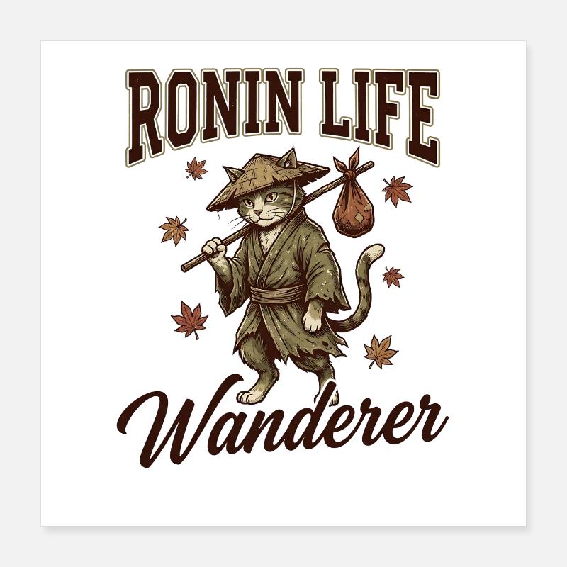 Ronin Life Wanderer Cat Samurai Japanese Ukiyo-e Poster 16" x 16" (40x40 cm)