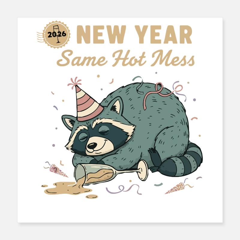 Neujahr 2026 Same Hot Mess Raccoon Fun Poster 40x40 cm