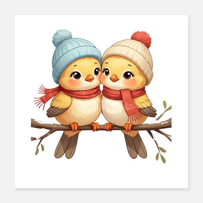 Oiseaux baisers d’hiver sur une branche Poster 40 x 40 cm