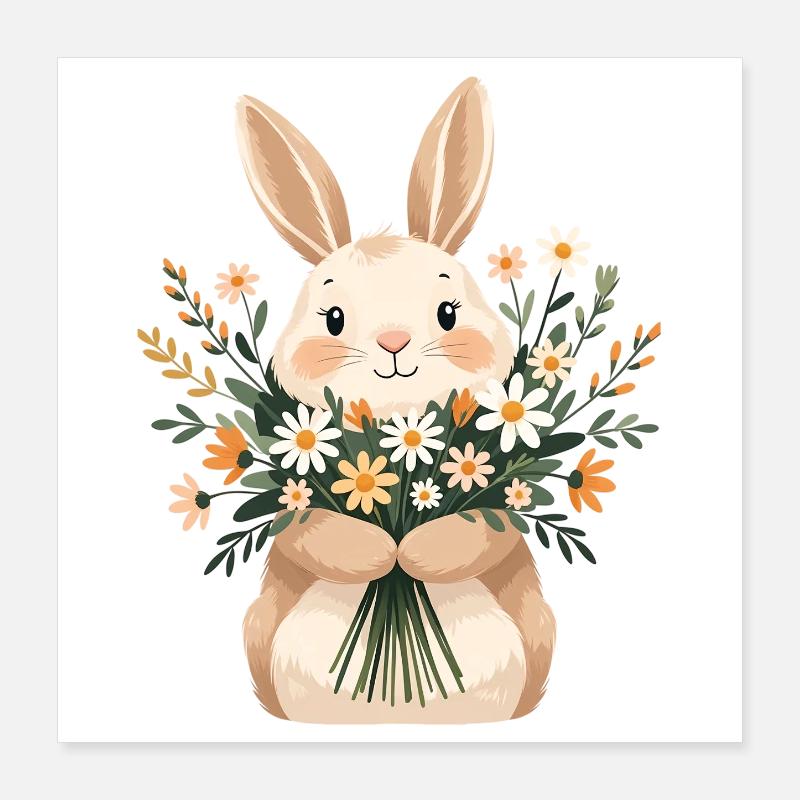 Lapin avec bouquet de printemps Poster 40 x 40 cm