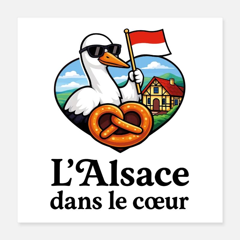 L’Alsace dans le Cœur Cigogne Bretzel Poster 40 x 40 cm