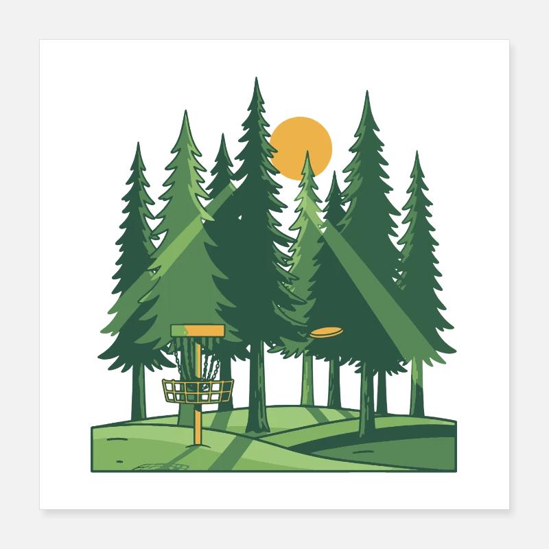 Disc Golf Forêt Coucher de soleil Scène du panier volant à disque Poster 40 x 40 cm