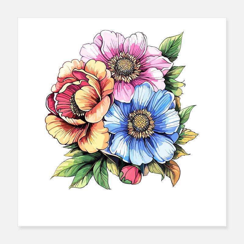 Colored Flower Bouquet Illustration Poster 16" x 16" (40x40 cm)