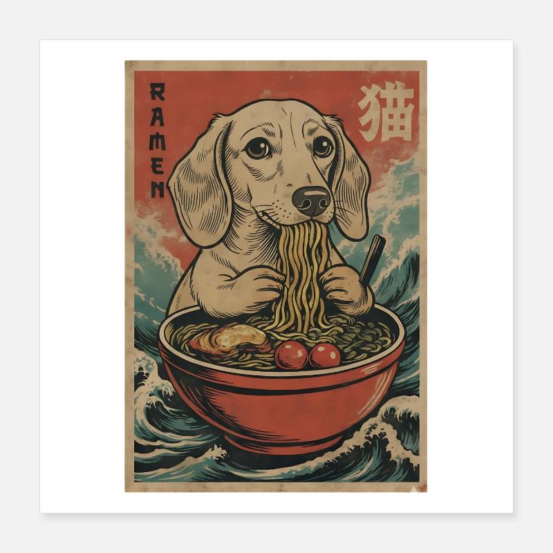 Japanese Ramen Dachshund Noodle Bowl Anime Otaku Poster 16" x 16" (40x40 cm)