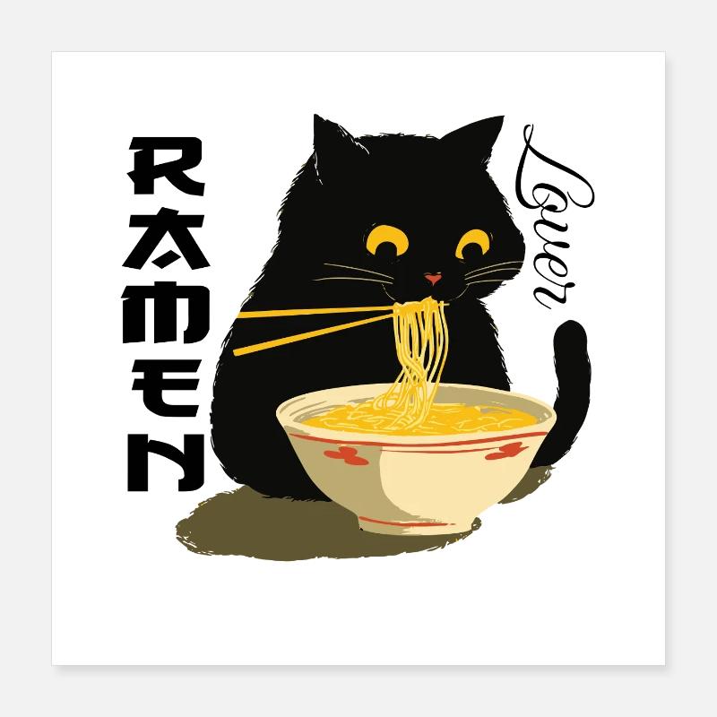 Ramen Lover - Black Cat with Noodles Poster 16" x 16" (40x40 cm)