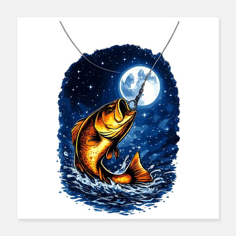 Pêche nocturne sous une pleine lune – poisson à l’hameçon Poster 40 x 40 cm