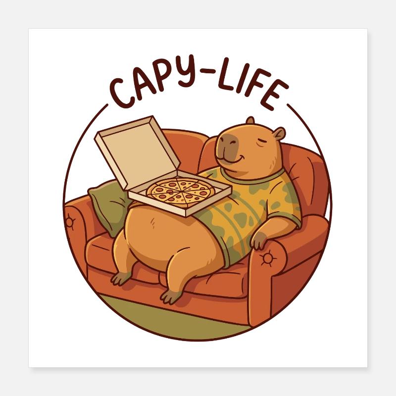 Capybara Sofa mit Pizza gemütliches Tiermotiv Poster 40x40 cm