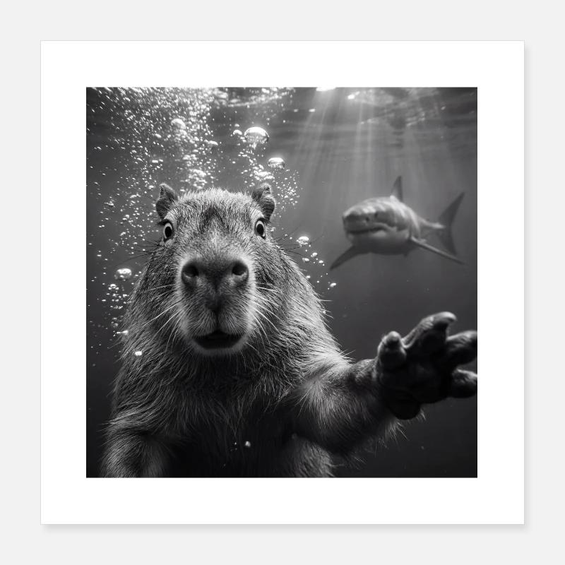 Selfie de capybara sous l’eau avec un requin Poster 40 x 40 cm