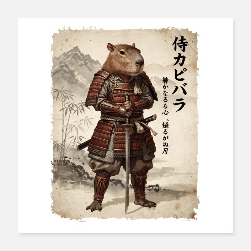 Samouraï, Capybara, Art japonais, Anime Poster 40 x 40 cm