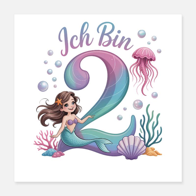 Ich Bin 2 Meerjungfrauen Mädchen 2. Geburtstag Poster 40x40 cm
