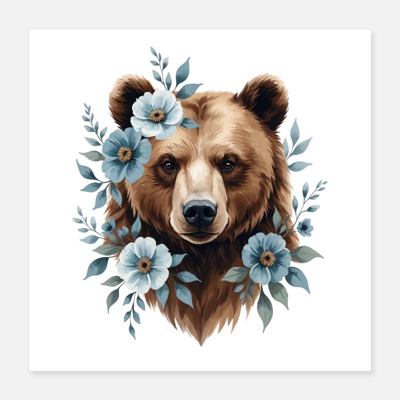 Bär mit blauen Blütenrahmen Poster 40x40 cm
