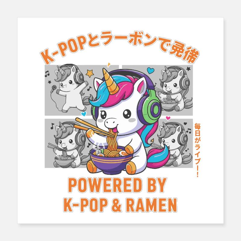 Propulsé par K-Pop et Ramen Anime Kpop adorable Licorne Poster 40 x 40 cm