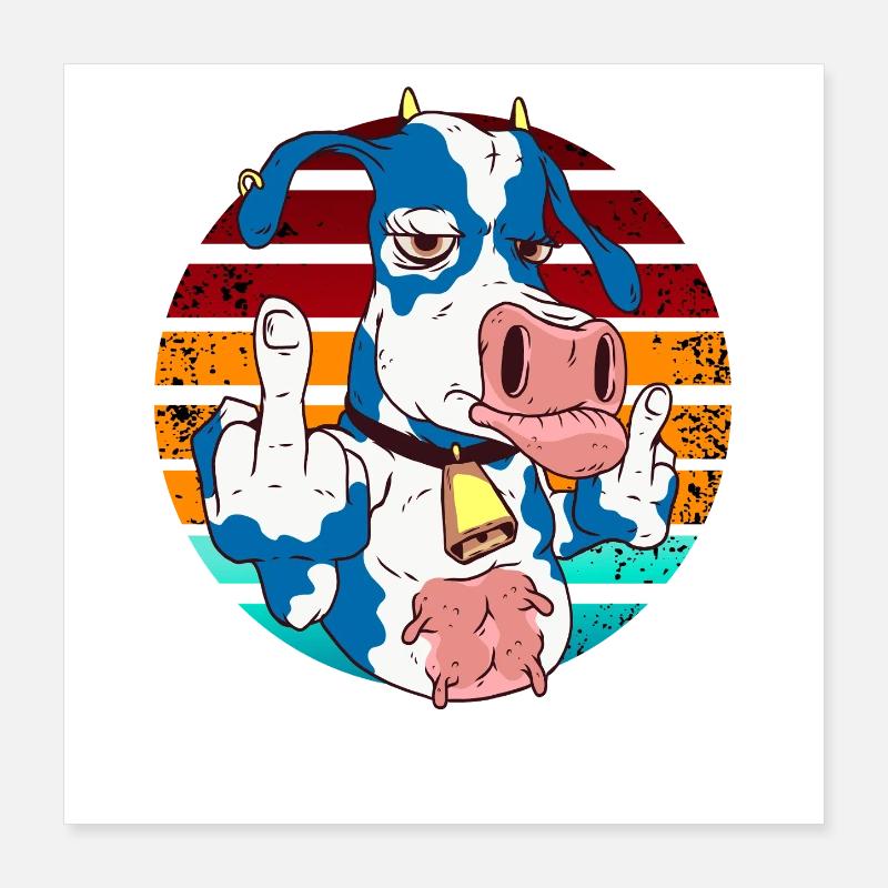 Kuh mit Mittelfinger im Regenbogen Poster 40x40 cm