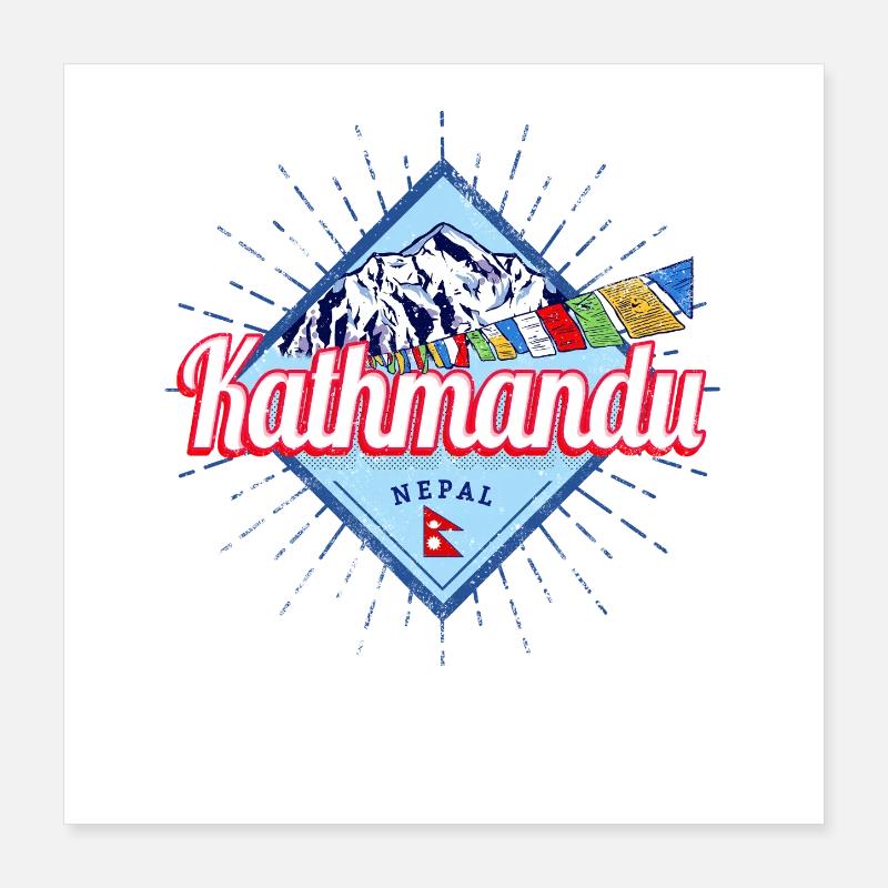 Kathmandu Mountains Nepal Flags Vintage Souvenir Poster 16" x 16" (40x40 cm)