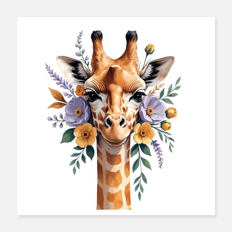 Giraffe mit Blütenkranz Poster 40x40 cm