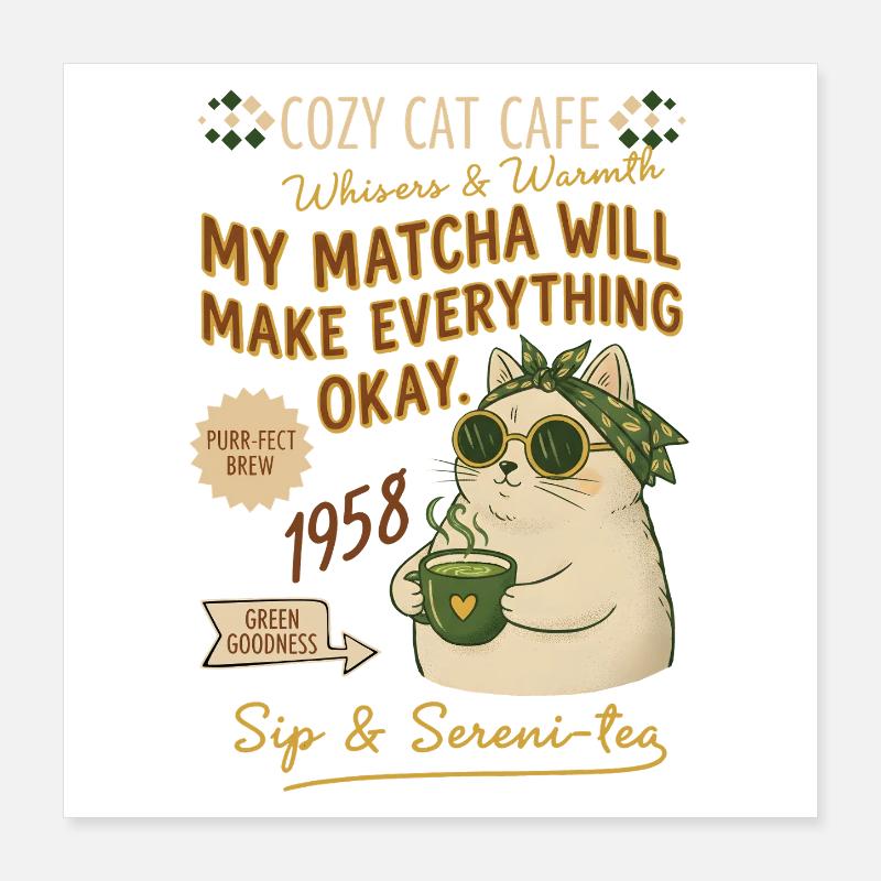 Cozy Cat Cafe My Matcha Will Make Everything Okay Poster 40x40 cm