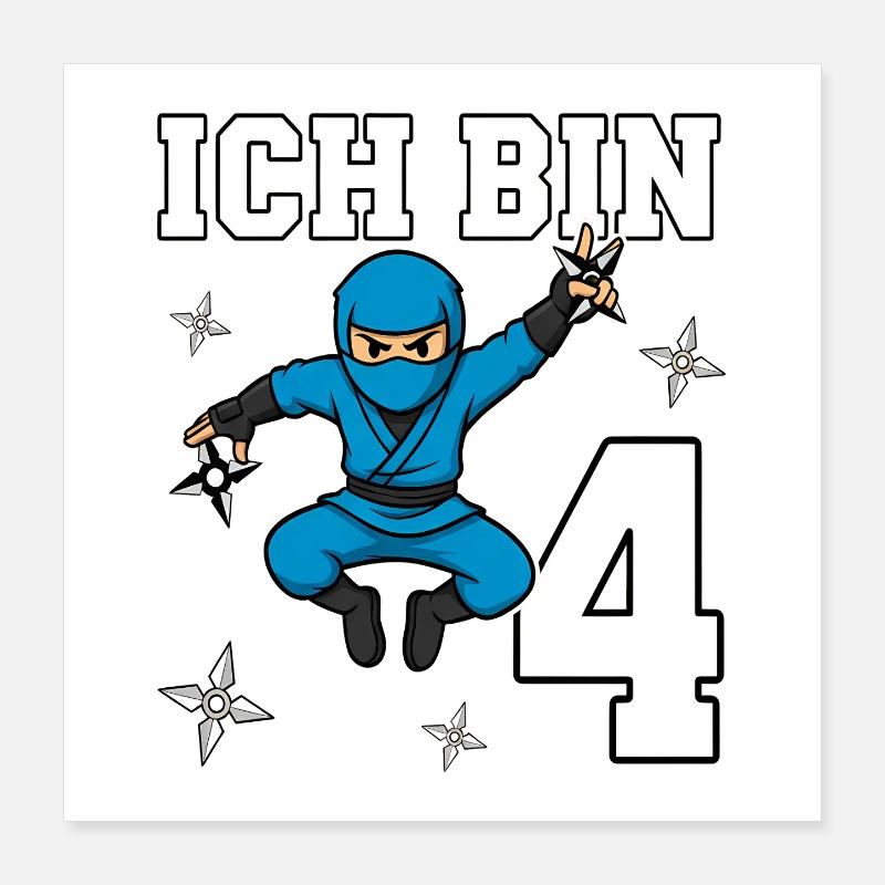 Ich bin 4 Ninja 4. Geburtstag blau Karate Poster 40x40 cm