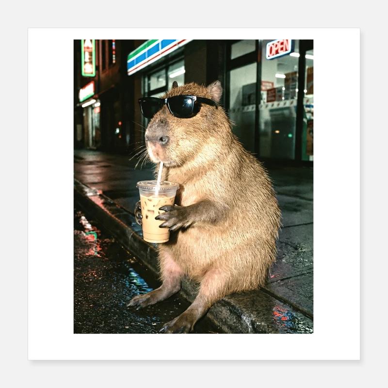Café glacé au capybara, photo drôle de capybara Poster 40 x 40 cm
