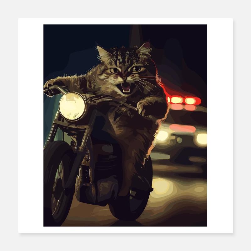 Chat à moto la nuit Poster 40 x 40 cm
