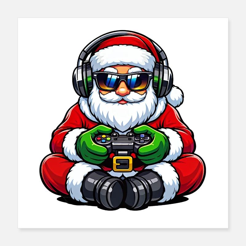 Gamer Weihnachtsmann Spielt Videospiel-Controller Poster 40x40 cm