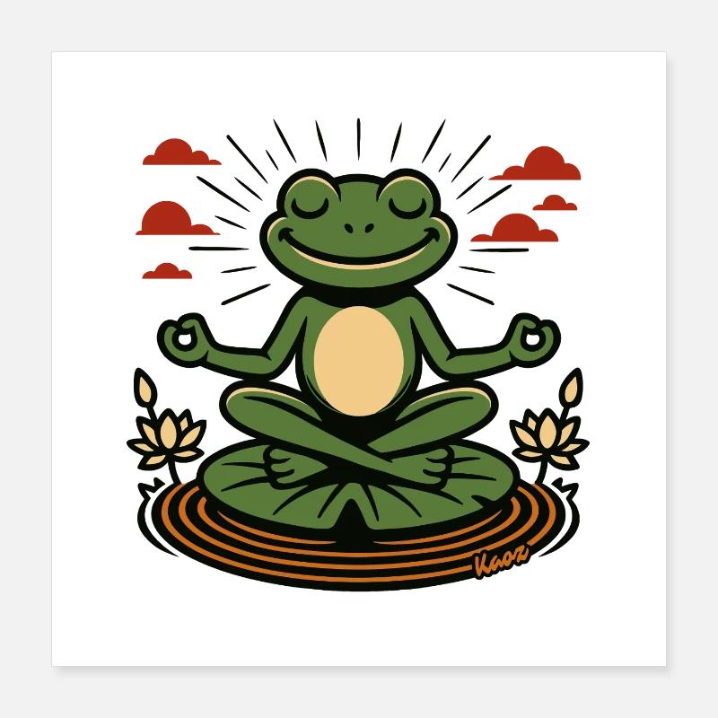 Grenouille méditatrice avec des fleurs de lotus Poster 40 x 40 cm