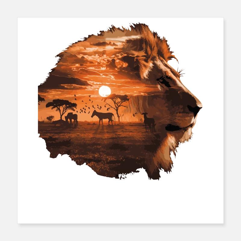 Löwe Savanne Sunset Double Exposure Design Poster 40x40 cm