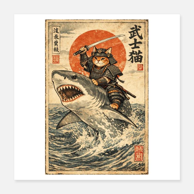Samurai Katze, Japanischer Krieger & Kämpfer, Hai Poster 40x40 cm