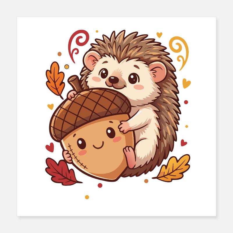 Süßer Igel mit Eichel Herbst Poster 40x40 cm